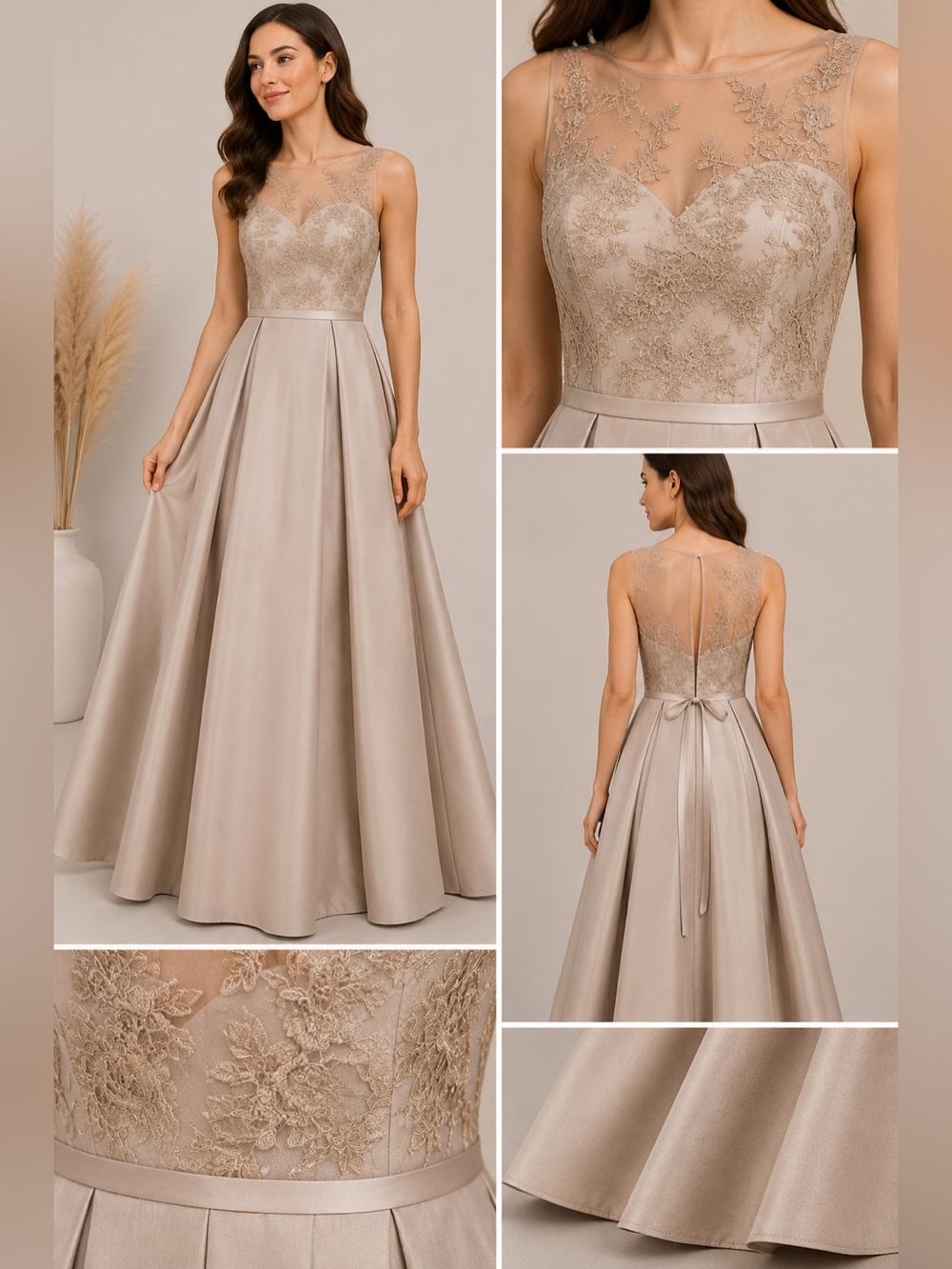 Oleg Cassini OC290023 Champagne Illusion Lace Bridesmaid Gown Sz 4 Formal Dress